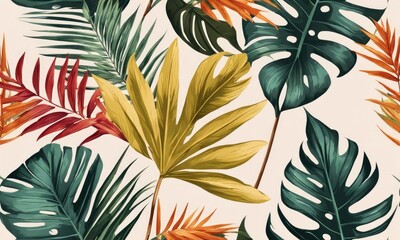  Tropical background with colorful textured palm leaves. Seamless pattern. Hand-drawn premium vintage 3d illustration. Good for luxury wallpapers, fabric printing, mural, cloth, poster, Generative AI - obrazy, fototapety, plakaty