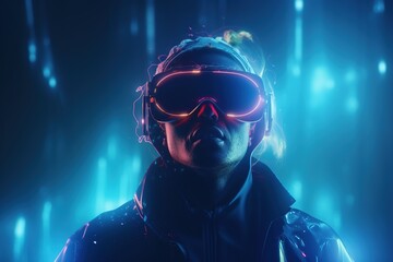 AI Artificial Intelligence Man-Wearing VR Sunglasses Experience with Global Connectivity. Future Metaverse Technology Concept Innovation of the Futuristic.