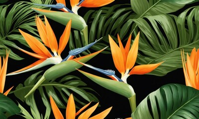Seamless pattern, tropical strelitzia flowers, palm leaves in green color. 3d vintage illustration, dark background, premium texture, art.Luxury wallpaper, mural, cloth, curtains, poster,Generative AI