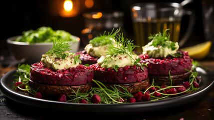 On a wooden table, there are delicious, appetizing, and healthy vegan burgers made with beetroot and quinoa, accompanied by avocado sauce. healthy food