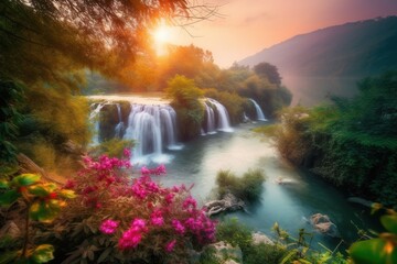 Beautiful nature lovely travel countryside place with a waterfall from the mountain, sunset, flowing river, green scenery moss, forest tree, and colorful flowers. Peaceful nature landscape wallpaper. - obrazy, fototapety, plakaty