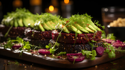 On a wooden table, there are delicious, appetizing, and healthy vegan burgers made with beetroot and quinoa, accompanied by avocado sauce. healthy food