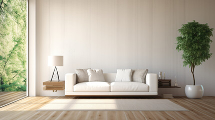 Fototapeta na wymiar View of living room in minimal style with white sofa