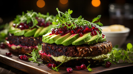 On a wooden table, there are delicious, appetizing, and healthy vegan burgers made with beetroot and quinoa, accompanied by avocado sauce. healthy food - obrazy, fototapety, plakaty