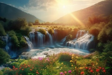 Beautiful nature lovely travel countryside place with a waterfall from the mountain, sunset, flowing river, green scenery moss, forest tree, and colorful flowers. Peaceful nature landscape wallpaper.