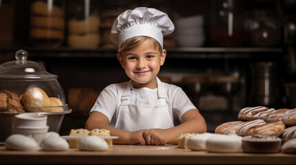 A little boy in a chef costume makes food in the kitchen.