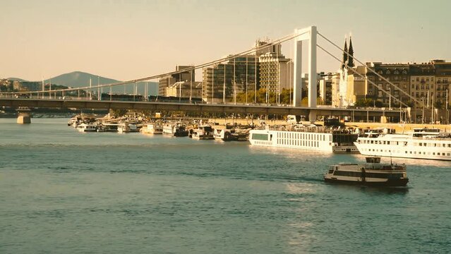 Elizabeth bridge in Danube river in Budapest summertime calm ambience 4K
