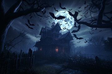 A scary home with bats flying about beneath a full moon, Halloween Background created with generative ai