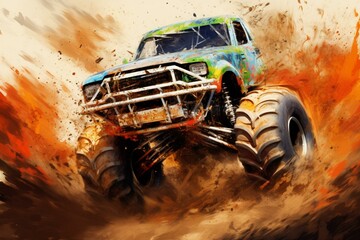 Abstract monster truck racing at high speed on a dirt track. Generative AI - obrazy, fototapety, plakaty