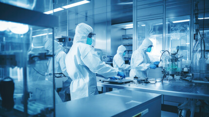 Scientists in Hazmat Sterile Suits in Technologically Advanced Laboratory - obrazy, fototapety, plakaty