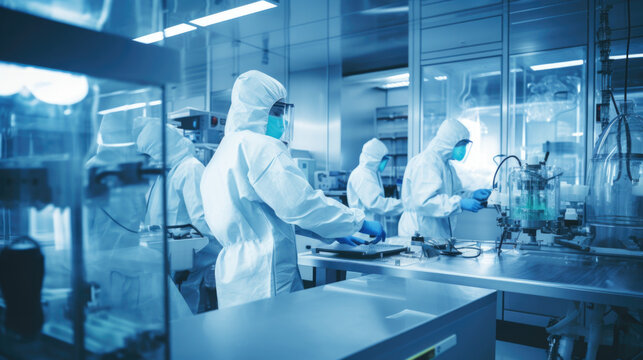 Scientists in Hazmat Sterile Suits in Technologically Advanced Laboratory