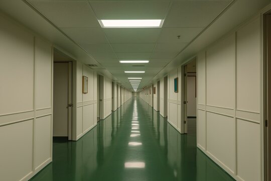 Deserted corridor in contemporary corporate structure featuring workstations and storage units. Generative AI