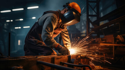 Fototapeta premium Welder erecting technical steel. Industrial steel welder in factory technical