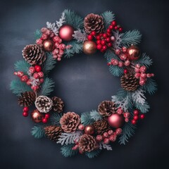 Fototapeta na wymiar Christmas wreath with red and golden balls isolated on gray background.