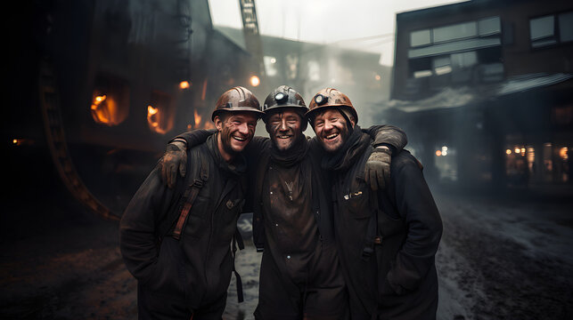 Miner friends bonding on site and sharing a moment of camaraderie as they pose for a memorable group photo