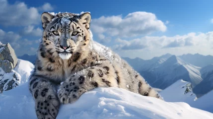  Snow leopard with long taill, sitting in nature stone rocky mountain habitat © Ruslan Gilmanshin