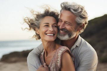 Obraz premium Joyful middle aged couple of man and woman hugging on the beach