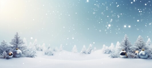 Background with Christmas snowy fir tree and Christmas toy balls. Banner