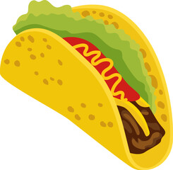 Traditional taco design element for cafe or restaurant vector illustration isolated on white background. Delicious spicy Mexican food with tortilla, beef, cheese, salad and tomato