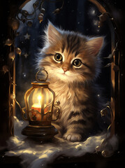 Christmas story. Christmas night. A cute kitten looks at a candle. Painting. Christmas illustration. New Year's dreams. Vintage illustration.