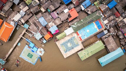 Aerial shot of a fishing village in Phang Nga Province, Thailand.