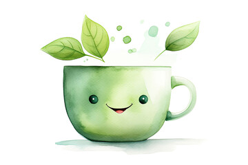 Cute watercolor illustration of a mug in kawaii style. Green tea with lemon