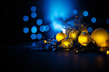 Christmas lights in bokeh. New Year eve, winter branch with snow. AI generative