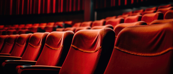 Fototapeta premium Empty cinema hall with red seats. Movie theatre