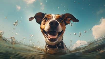 Playful dog swimming in clear water. Closeup shot with pets joy and excitement. Outdoor activity with splashing water and swim in ocean or sea. Animal happiness and freedom. - obrazy, fototapety, plakaty