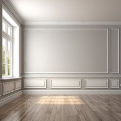 Classical empty room interior 3d render,The rooms have wooden floors and gray walls ,decorate with white moulding,there are white window looking out to the nature view, Generative AI