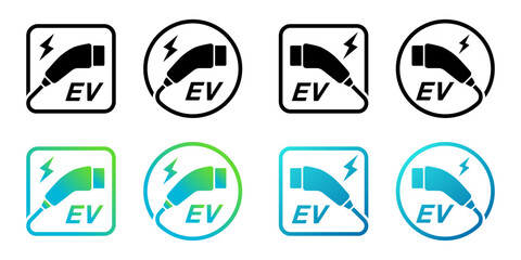 電気自動車の充電プラグ、EV充電コンセント、充電スポットのベクターアイコンセット