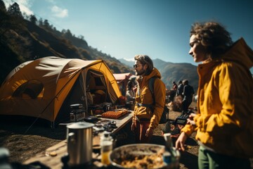 Fototapeta premium Man in equipment for hiking in the mountains against the backdrop of a tent camp