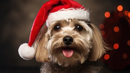 Adorable shaggy cute white lap dog wearing Santa hat at home on Christmas Eve looking at camera with space for text AI