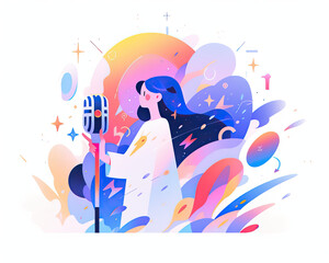 Flat abstract design of a singer, a star, holding microphone, minimalism illustration, website, Ul design