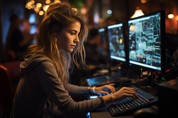side view photo of lady programmer looking at big monitor, checking id address, working overtime, checking, debugging system, wearing specs, casual shirt, sitting at desk, late at night, office