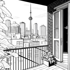 coloring book page black and white view from condominium in toronto line art 