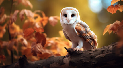 Barn owl sit on stump in autumn forest - Tyto alba - obrazy, fototapety, plakaty