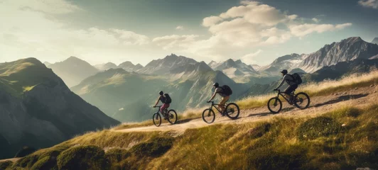 Foto op Plexiglas Three friends on bicycles enjoying a riding in the mountains landscape. Banner © Denis