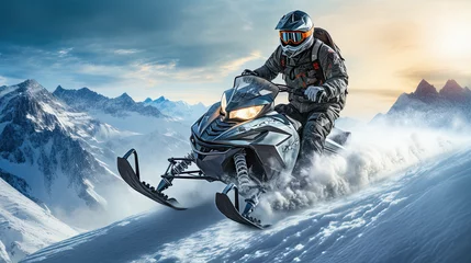 Foto op Plexiglas man riding snowmobile at snowy hill © ZoomTeam