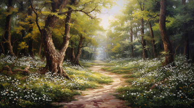 A painting of a path through a forest