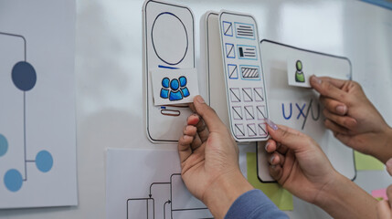 Close up ux developer and ui designer brainstorming interface wireframe design.Creative digital...