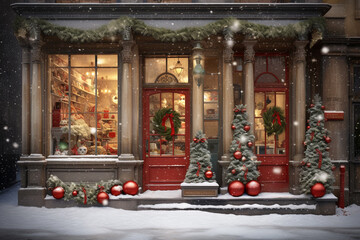 Fototapeta premium Beautiful Winter Christmas Decoration Storefront Backdrop Illustration
