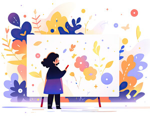 Flat abstract design of a girl painting, minimalism illustration, website, Ul design