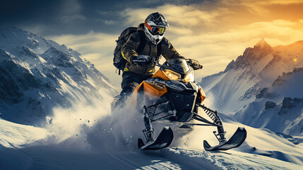 man riding snowmobile at snowy hill - obrazy, fototapety, plakaty
