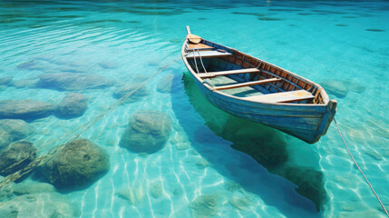 Wooden boat on white sand beach and blue sky in the background