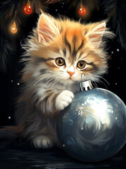 A cute kitten is playing with a ball for a Christmas tree.  Christmas story. Christmas night. Painting Christmas illustration. New Year's dreams.