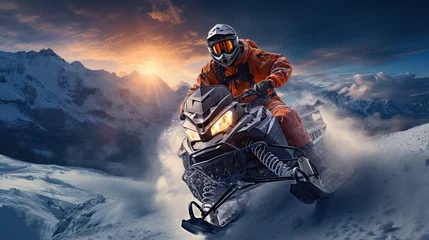 Fotobehang man riding snowmobile at snowy hill © ZoomTeam