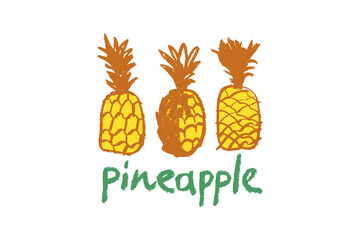 Png pineapple symbols. Ananas icons in trendy hand drawn doodle style. Color illustration for Pineapples label, organic badge, juice packaging design. Calligraphic pineapple on transparent background.