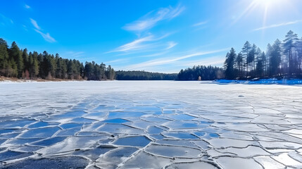 Une photo d'un lac gelé qui commence à fondre en hiver. - obrazy, fototapety, plakaty