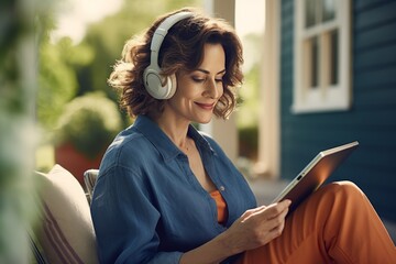 Middle-aged blonde woman headphones tablet at country house. A European woman of 40-50 years old listens to music and scrolls through the Internet in the silence of her country house.
